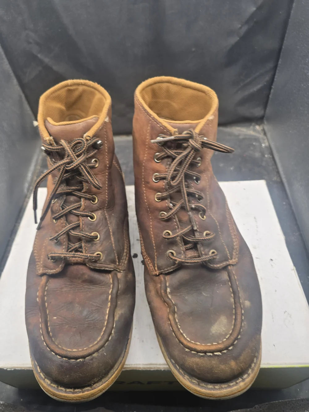 Carhartt Brown Leather Moc Toe Work Boots with Tan Lining